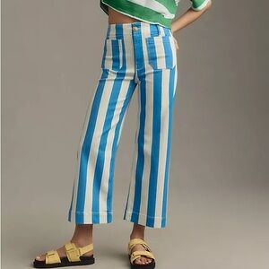 The Colette Cropped Wide Leg Jeans Maeve Anthropologie 28P Blue White Striped